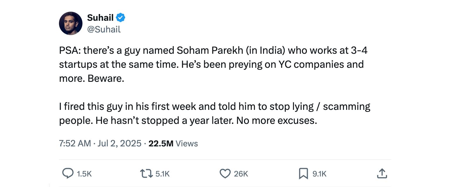 suhail tweet, calling out Soham Parekh