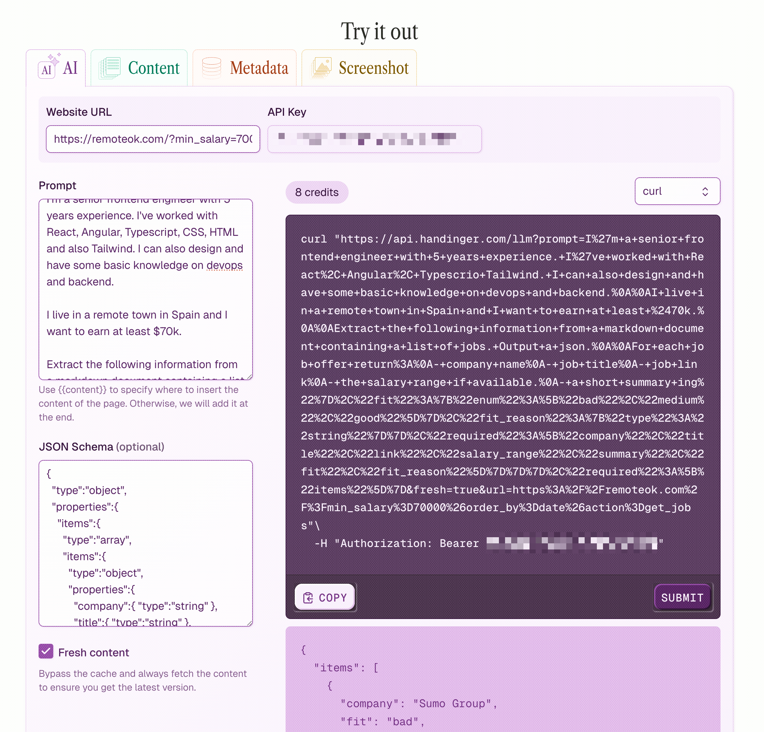 use Handinger to experiment with prompts